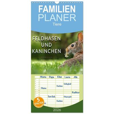 Familienplaner 2026 - Feldhasen und Kaninchen mit 5 Spalten (Wandkalender, 21 x 45 cm) CALVENDO