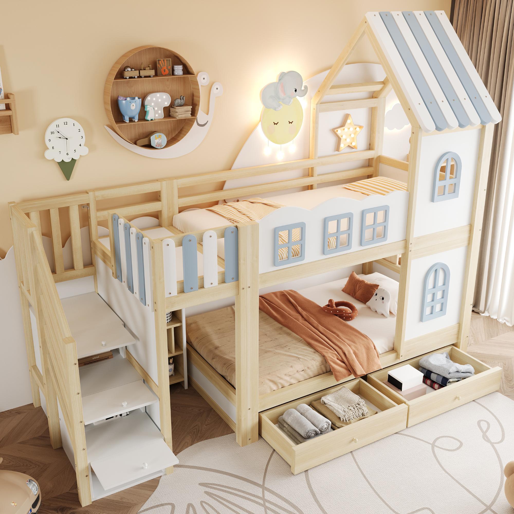 STILVORA Etagenbett 90x200 cm mit Wolken-Bettgitter und Dachkonstruktion, Kinderbett mit Stauraumleiter und Regalen, Hausbett mit Schubladen Weiß