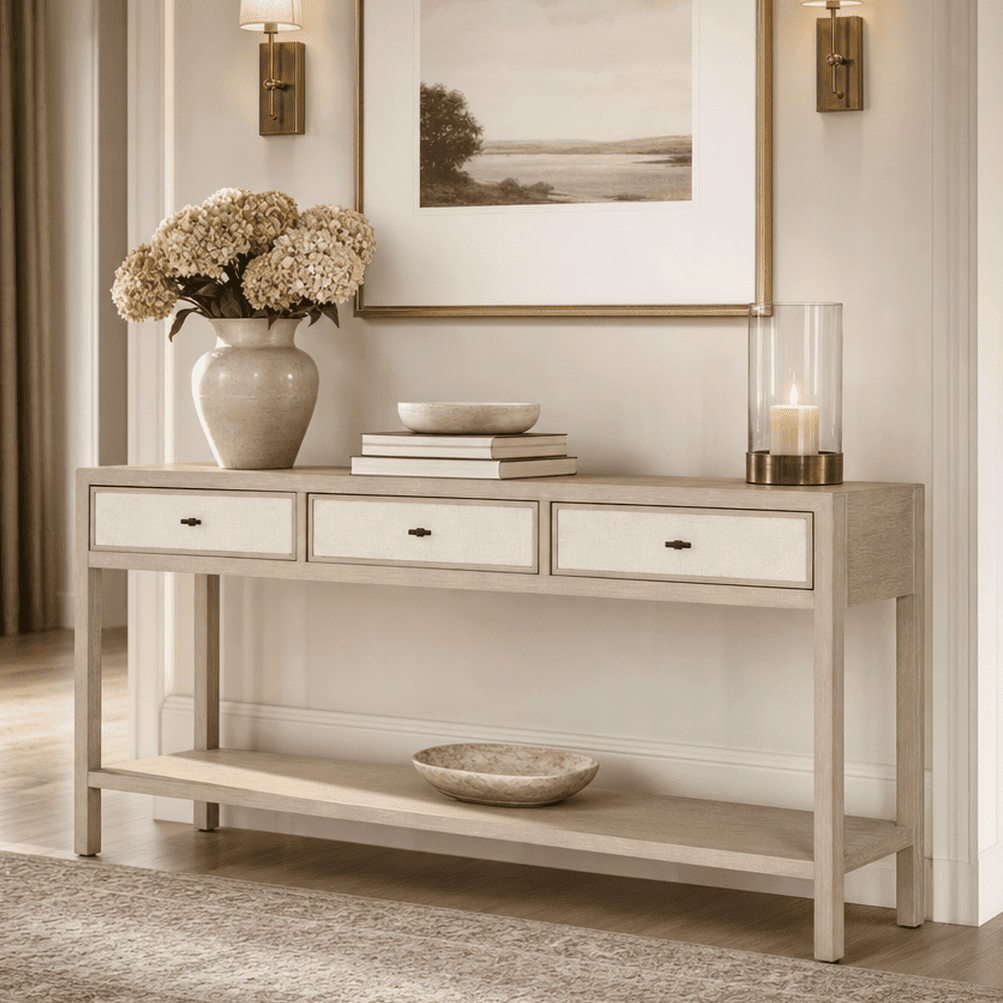 Paradigm Light Oak & Linen 3 Drawer Console Table