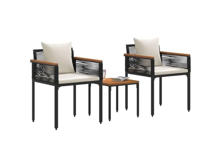 KTHLBRH Gartenmöbel-Set aus Polyrattan, Schwarz und Cremeweiß 2 Sessel mit 3D-Kissen, Couchtisch, verstellbare Füße, pulverbeschichteter Stahl