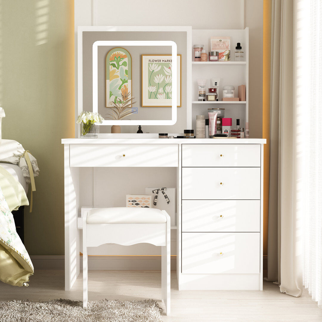 Ivy Bronx 100cm Wide Dressing Table with Sliding 3 Colour LED Mirror & Hidden Storage, 5-Drawer Vanity & Stool White 136cm H X 100cm W X 46cm D