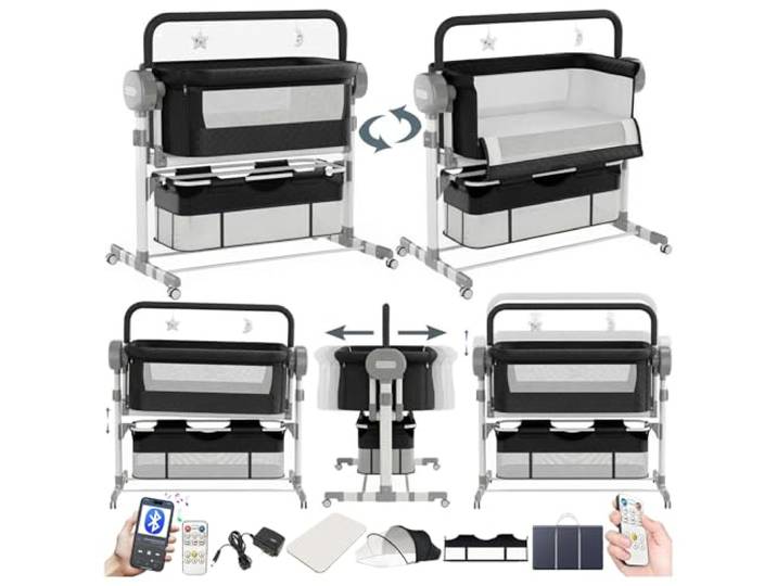 Magic ZC Elektrische Bluetooth Intelligent Beistellbett Baby mit Rollen, Convertible Faltbar Co-Sleeping Babybett, Fernbedienung, 5-schwankende Zahnräder, Stubenwagen Wiege mit Musik (608 Black)