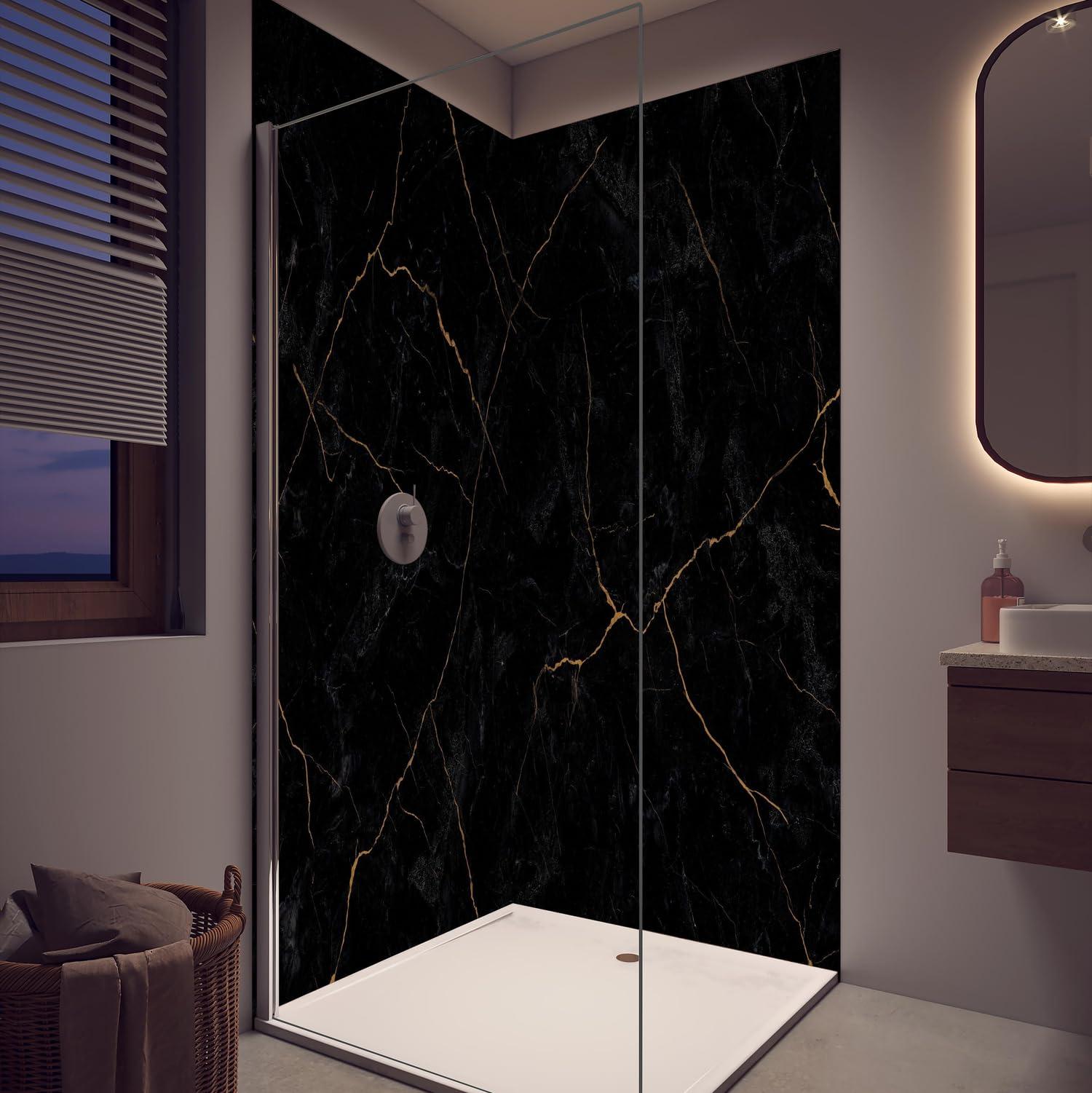 Duschrückwand - Wandverkleidung für Dusche aus Acryl 0,3 cm - 90 x 210 cm - Schwarzer Marmor mit dünnen goldenen Adern
