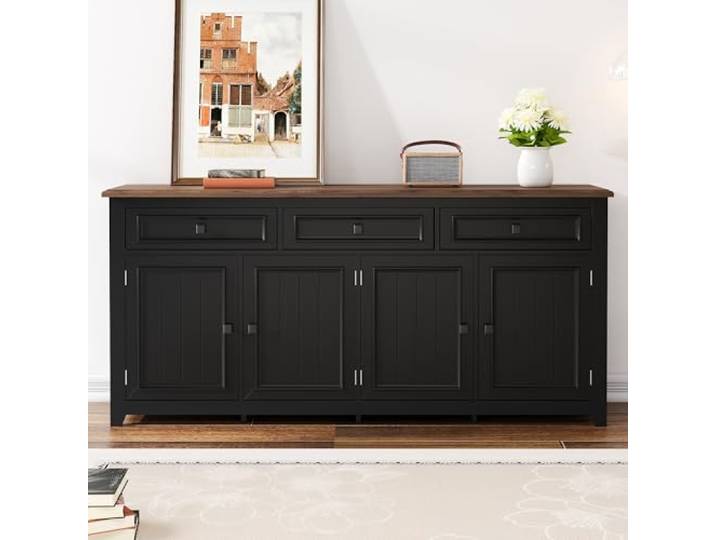 ModernLuxe Sideboard Buffet Kommode 160 cm Schwarz mit Holzoptik, Moderne Anrichte mit 3 Schubladen & 4 Türen, großer Stauraum, Aufbewahrungsschrank Wohnzimmer Esszimmer Flur