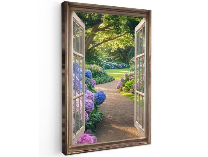 LEINWANDBILD Aussicht - Garten - Fenster - Hortensie - Blumen Wanddeko 40x60 cm