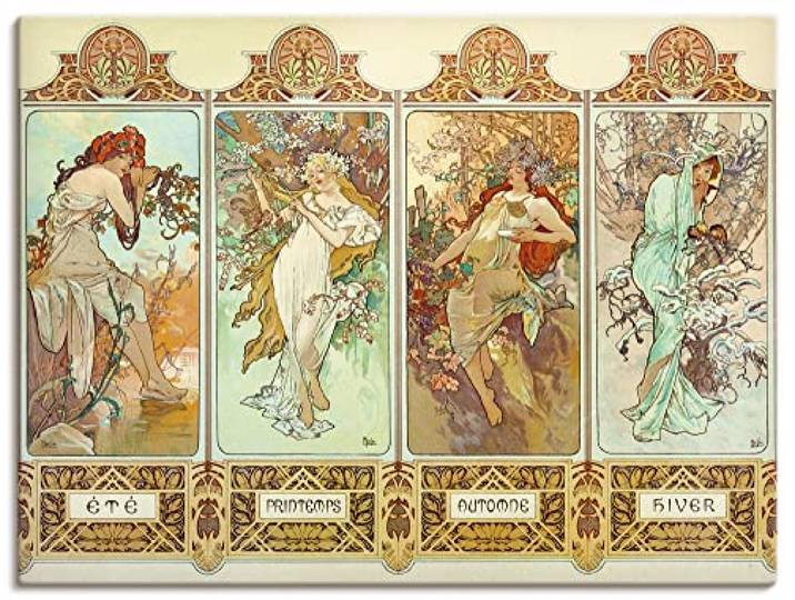 ARTLAND Wanddeko Leinwand Bilder Wandbild 60x45 cm Alfons Mucha Sommer Herbst Winter Frühling Die vier Jahreszeiten 1896 Art Nouveau & Jugendstil Alfons Mucha B6AA
