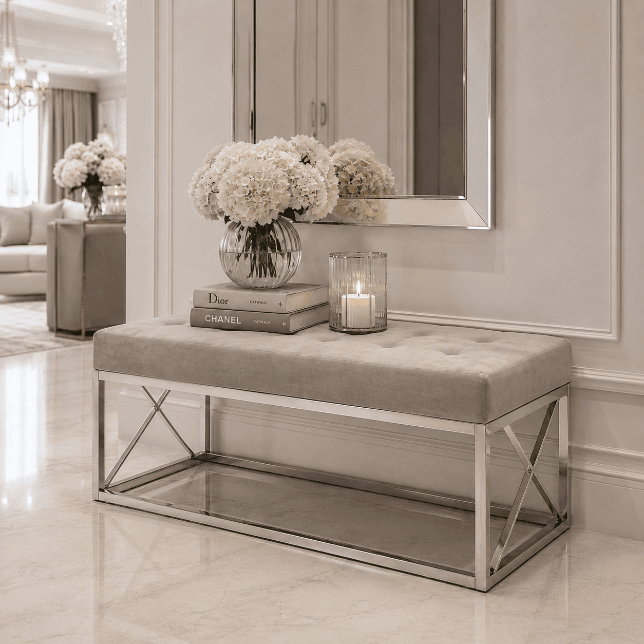 Burnaby Silver & Mink Velvet Tufted Bench