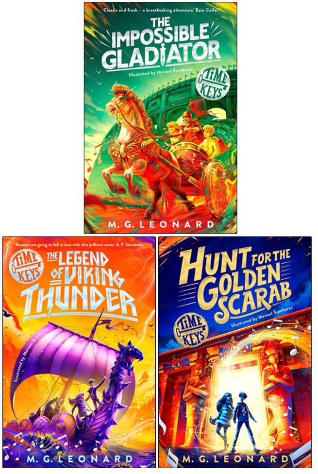 Macmillan Children's Books ltd Time Keys Series 3 Books Collection Set by M. G. Leonard (The Impossible Gladiator, The Legend of Viking Thunder and Hunt for the Golden Scarab)