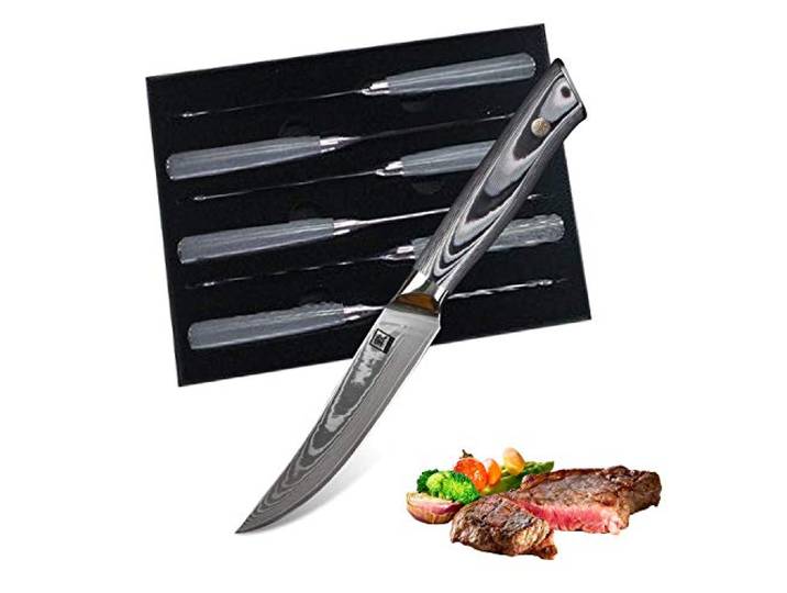 zayiko 6er Damast-Steakmesser-Set, 12,5 cm Klingen, G10-Griffe, Geschenkbox 67 Lagen Damaststahl, VG10-Kern mit 60 ± 2 HRC sowie glatter 15° V-Schneide für saubere Schnitte durch Steak und BBQ-Fleisch.