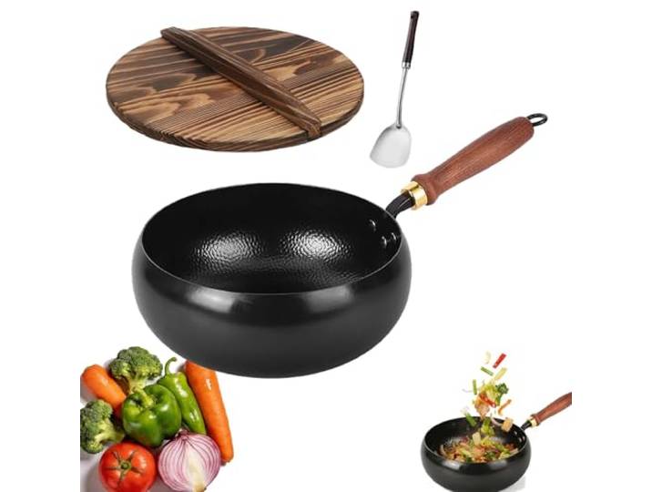 Leyof Tsubame Sanjo Pfanne, 2026 Neu Japanische Tsubame-Sanjo Meister Pfanne, Unbeschichtet, Handgefertigt zum Kochen, Braten, Induktionsgeeignet mit Holzgriff, Deckel Kochen (28 cm,Holzdeckel * A)