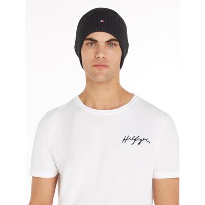 Strickmütze TOMMY HILFIGER "TH FLAG PIMA COTTON BEANIE", Damen, schwarz, Baumwollmischung, unifarben, Mützen Strickmütze, Beanie mit Logostickerei, mit Kaschmiranteil Unisex