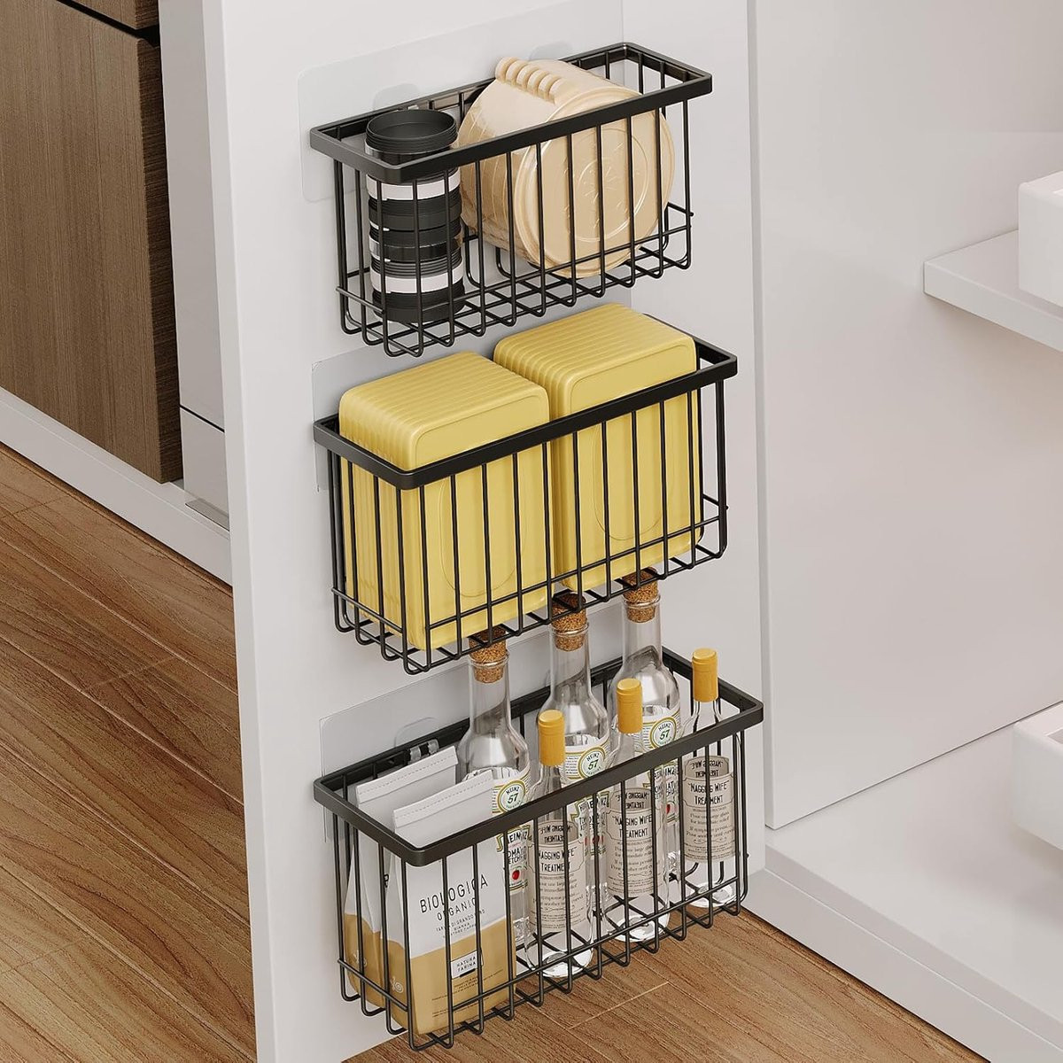 3-Delige Zelfklevende Metalen Wand Organizer Set - Zwarte Opbergdoos voor Keuken, Badkamer of Koelkast