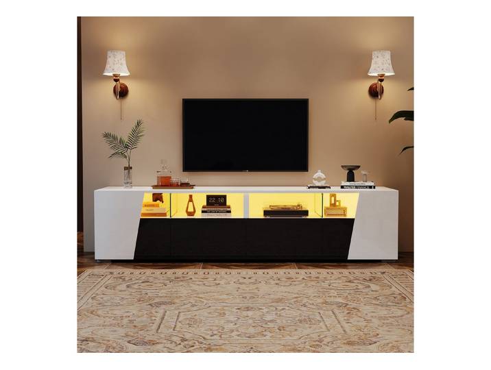 MC Star TV-Ständer 180*38.5*45cm Hochglanz TV stand, Fernsehschrank mit LED-Beleuchtung, (Lowboard, Fernsehtisch,TV-Board, TV-Kommode, 2 Schubladen, 2 Schränke, offene Ablagefächer, für 80-Zoll-TV, Weiß + Schwarz)