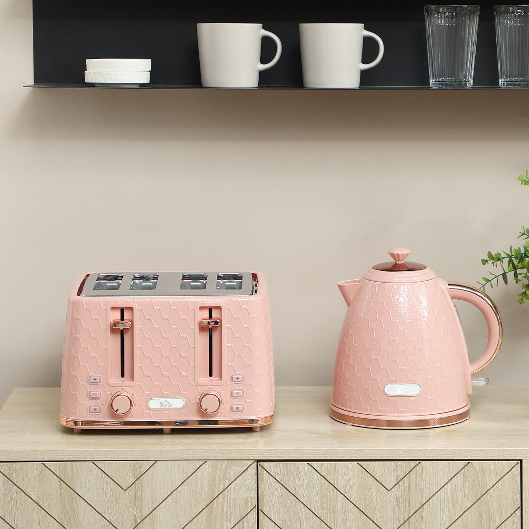 HOMCOM Kettle and Toaster Set with Defrost Reheat and Crumb Tray Pink 4 - Slice