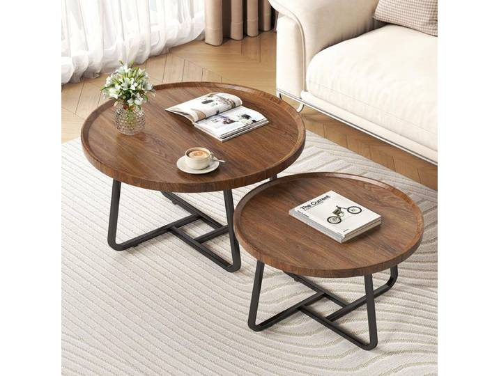 MIini Table basse ronde gigognes - lot de 2-Tables d'appoint ronde- Bout de canape-60/80cm-Noyer