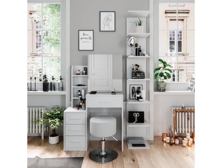 Vicco Schminktisch Conrada, Weiß 80 cm Spiegel · Hocker · 4 Schubladen · Freistehend · Ausziehbarer Spiegel