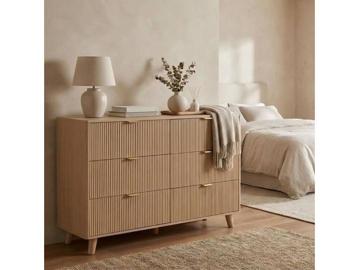 Commode 6 tiroirs 120x40x80.7 cm Commode en bois Commode de salon Meuble de Rangement Panneau design ondulé – Couleur chêne