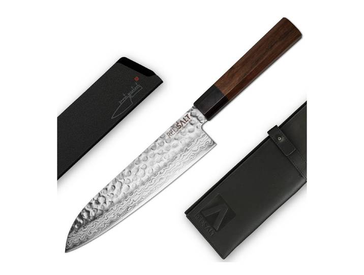 REDSALT® Damastmesser SANTOKU 18cm Profi Küchenmesser mit Ledertasche & Klingenschutz, handgefertigt, Made in Japan