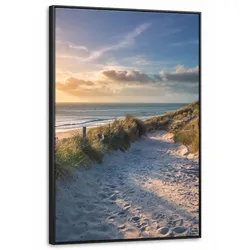 LEINWAND Bilder mit Rahmen - Sonnenuntergang - Strand - Düne - Gras - Ufer - 100x150