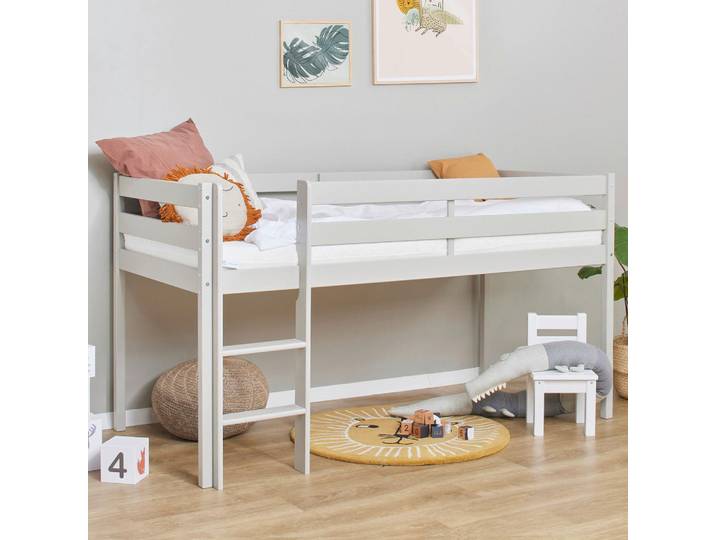 Hochbett, Grau, 90x200 cm, Kiefernholz, Für Rollrost Geeignet, MID.YOU