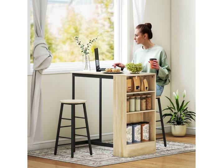 Ensemble table et chaises de bar avec 1 table de bar - YEAVIO - 2 tabourets et rangements - Acier - Noir