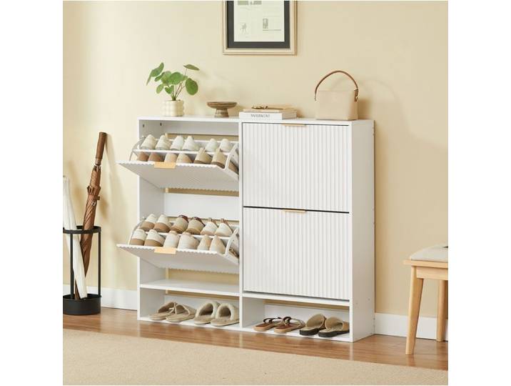 Meuble à chaussures blanc 120 x 24 x 102 cm porte abattante étagères réglables avec antibasculement