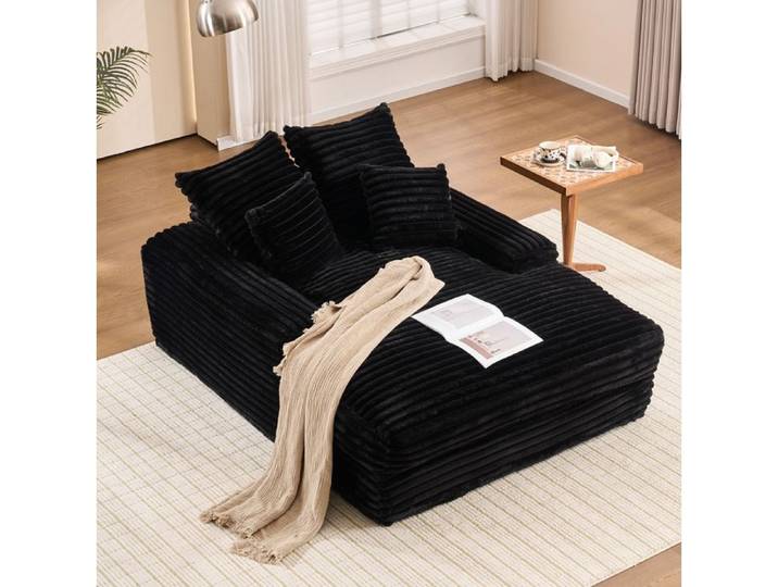 Méridienne convertible avec 4 coussins amovibles et lavables sans montage en velours côtelé noir 137 × 175 × 63 cm