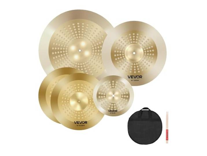 VEVOR Ensemble de Cymbales Batterie\, Cymbale Charleston 355 mm\, Crash 400 mm\, Ride 505 mm\, Splash 254 mm\, avec Baguettes\, Sac Rangement\, Lot de 4 Cymbales Alliage pour Batteur\, Couleur Cuivre Brillant