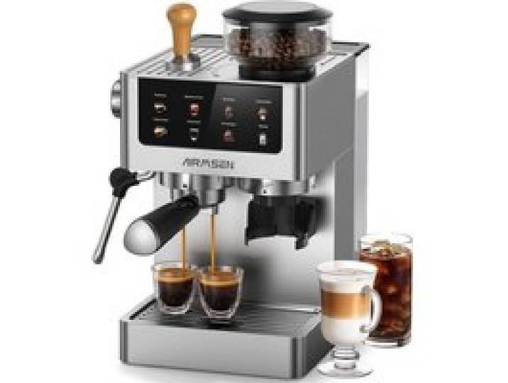 AIRMSEN Machine à Café avec Broyeur – Cafetiere a Grain avec Mousseur à Lait 20 Bars Inox Cappuccino Latte Café Glacé