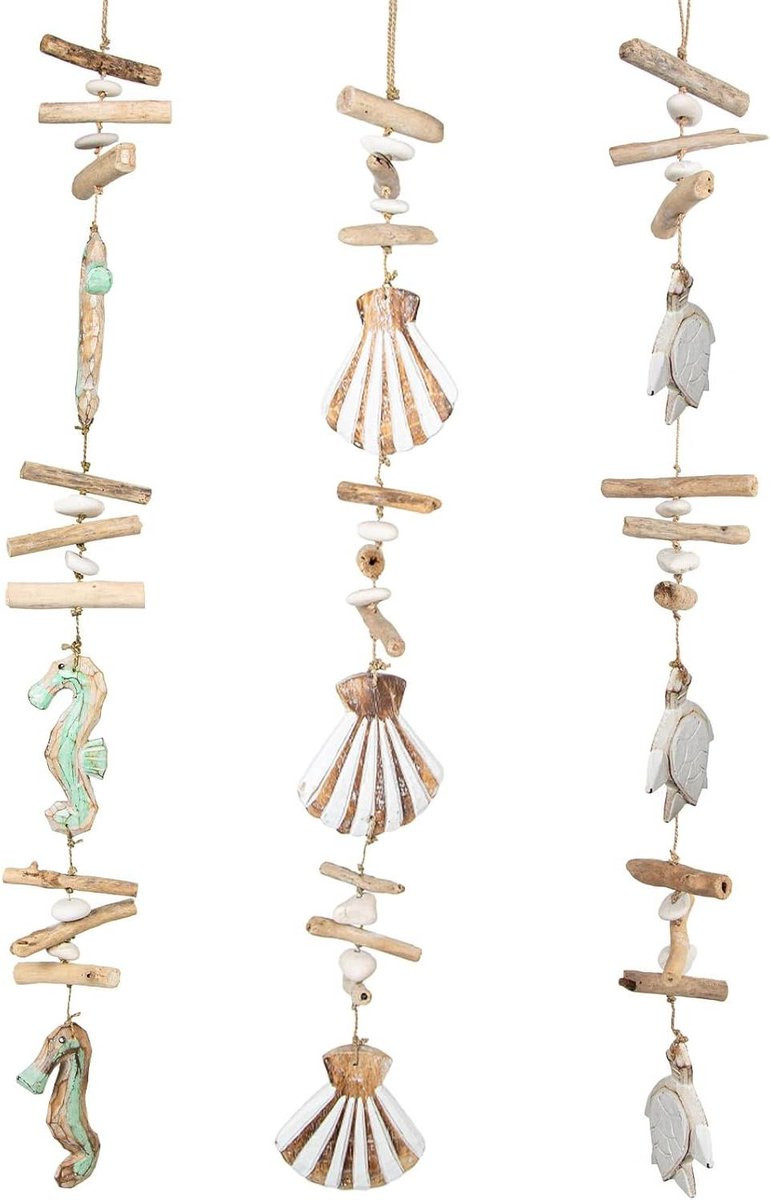 Mediterrane houten windgong met schelpen - 100 cm - Turquoise