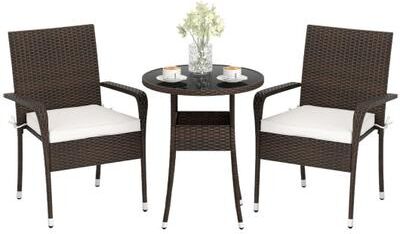 Costway 3-Piece Patio Furniture Set PE Rattan Wicker Chairs with Tempered Glass Top Table-White