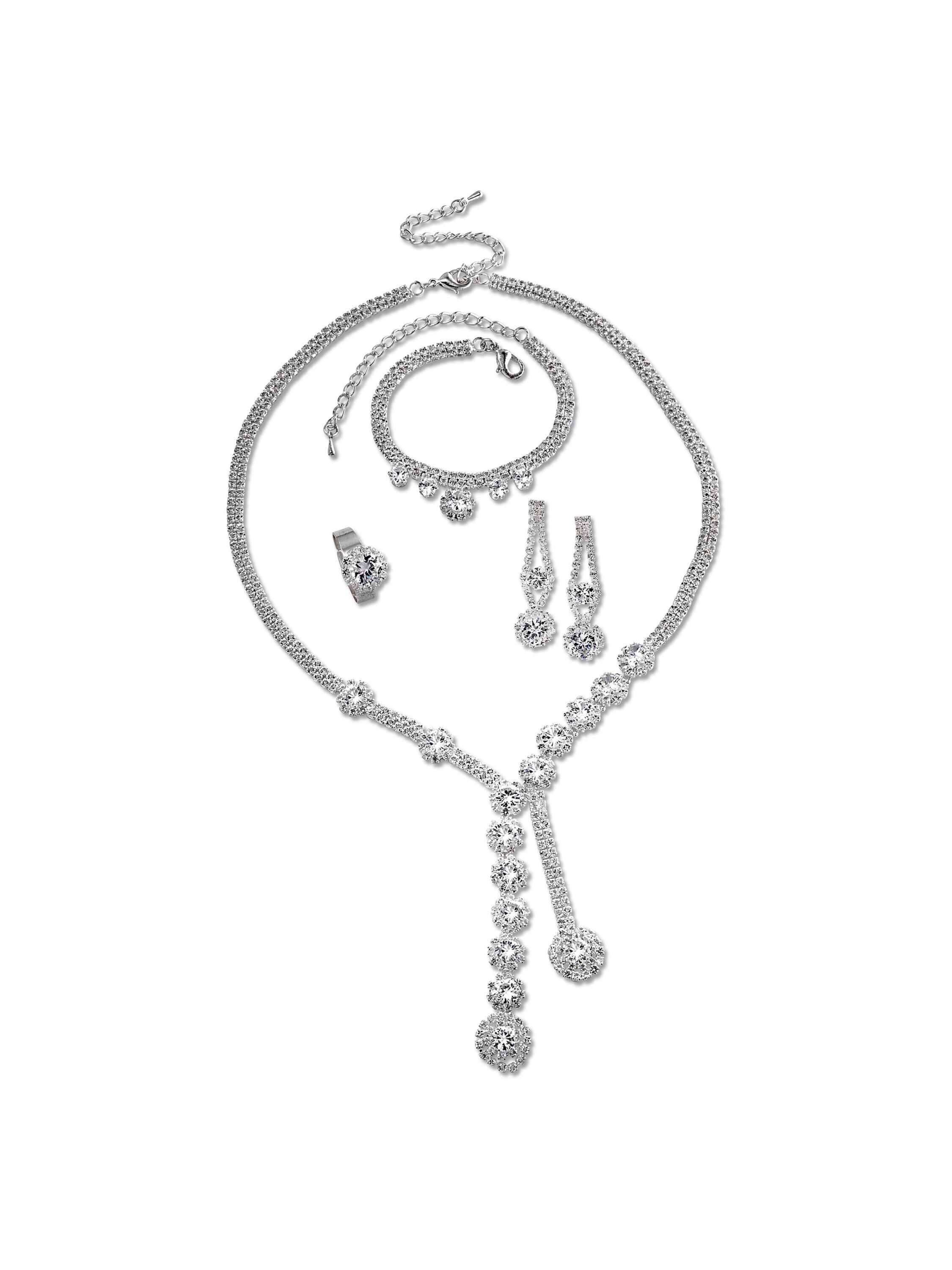 Steuer Modeschmuck Set Kette Ohrringe Armband Ring Metall glanz Strass weiß
