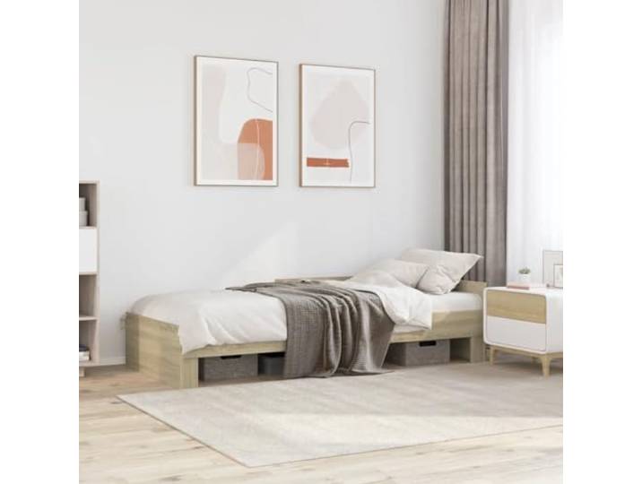 RJPLMFV Bettgestell, 90 x 200 cm, Sonoma-Eiche Langlebiges Holzwerkstoff, Lattenrost inklusive, seitliche Sicherheitsbarrieren