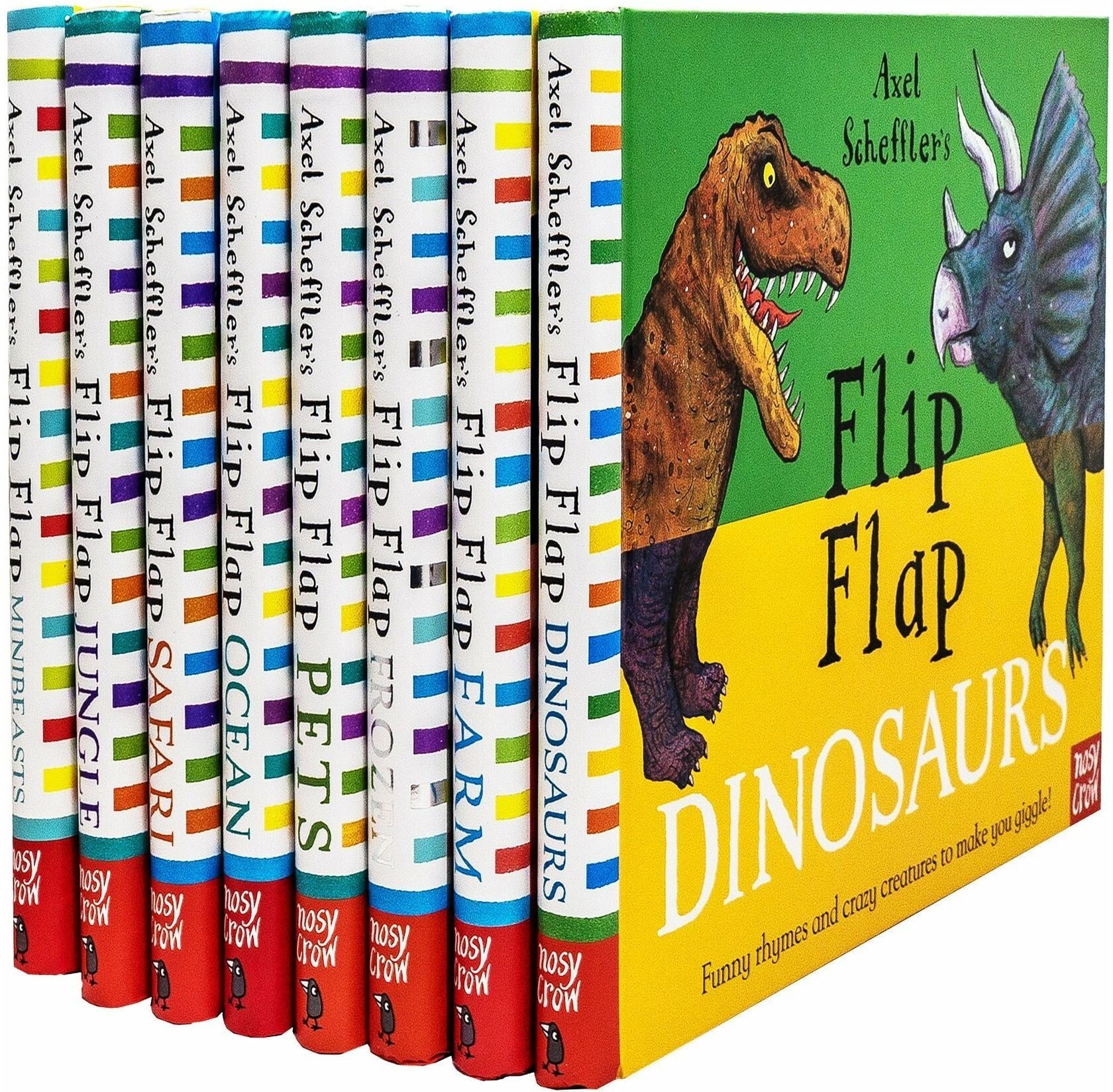 Nosy Crow Ltd Axel Schefflers Flip Flap Series 8 Books Childrens Collection Set (Dinosaurs, Farm, Frozen, Pets, Ocean, Safari, Jungle, Minibeasts)