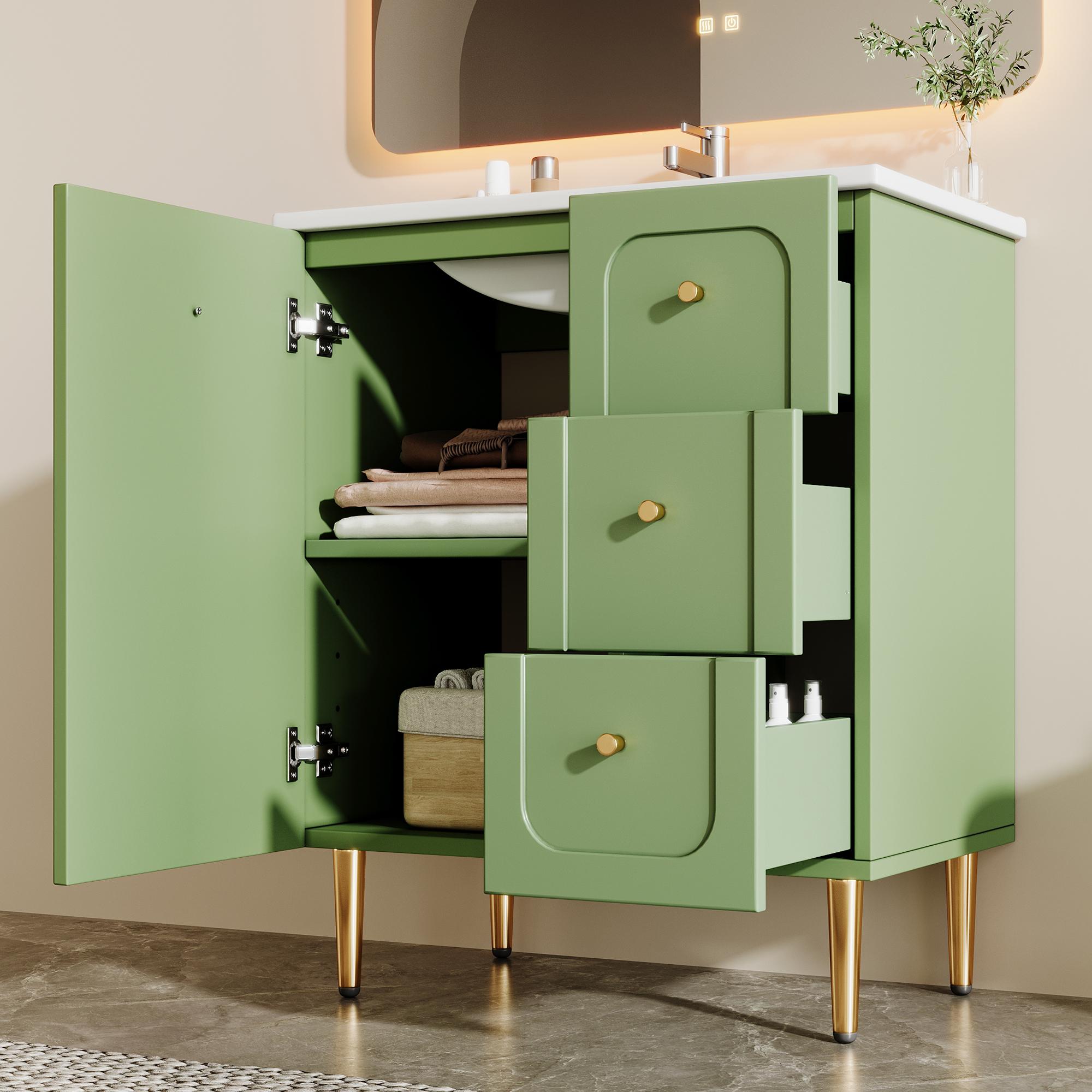 MODFU Waschtisch Grün, Badezimmerschrank mit integriertem Keramikwaschbecken, Waschbeckenunterschrank Badmöbel mit 3 Schubladen,76,5×47×87,5 cm