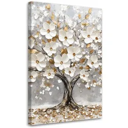 LEINWANDBILD Baum weiße Blumen goldene Blätter 70x100cm