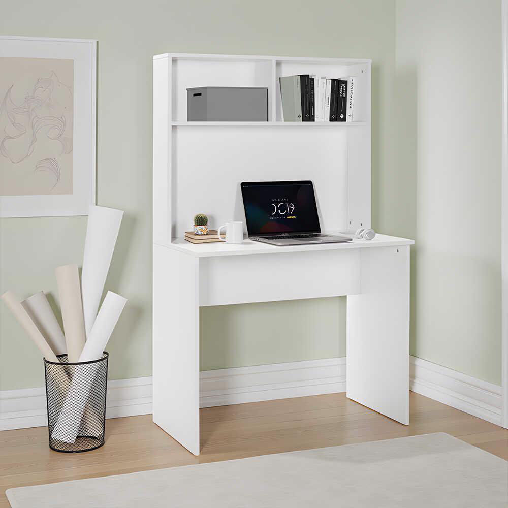 17 Stories Matt White Study Desk with Storage Hutch White 148cm H X 90cm W X 52cm D