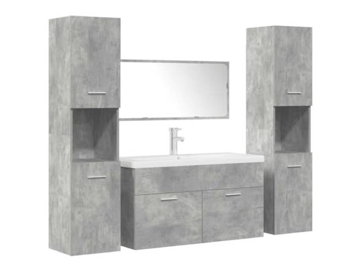 POUFGDR Badezimmermöbel-Set, 5-teilig, Betongrau Wandschrank, Keramikspüle, Glasspiegel, Technikholz, Badezimmeraufbewahrung