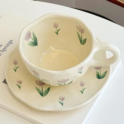 Inspired Living Hand Painted Ceramic Coffee Cup With Saucer Set, Cute Tea Cup For Cozy Breakfasts orange