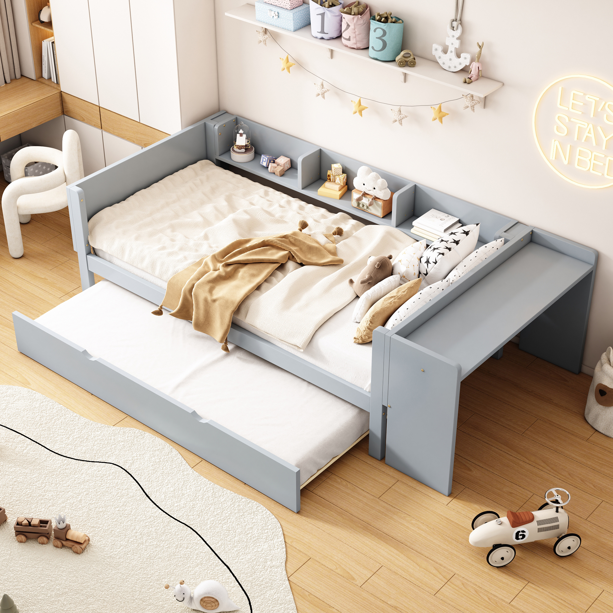 Abrihome Kinderbett Holzbett Flachbett-90x200cm mit Ausziehbarem Bett, Schreibtisch und Regalen an der Seite des Bettes, Grau