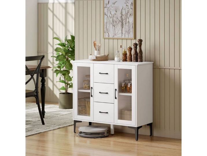 Buffet - Buffet moderne - MDF blanc - 3 tiroirs - 2 portes vitrées soft-close