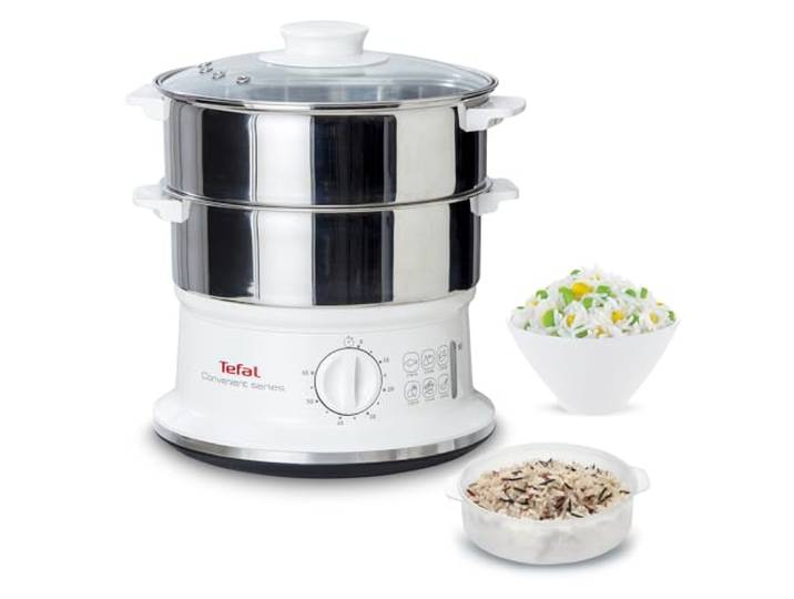 Tefal Dampfgarer elektrisch, 2 Edelstahlbehälter, 6L Fassungsvermögen, Dampfkocher mit 24cm Durchmesser, Timer und automatische Abschaltung, 900W, weiß, VC1451