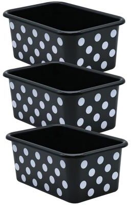 Teacher Created Resources White Polka Dots on Black Small Plastic Storage Bin, Pack of 3