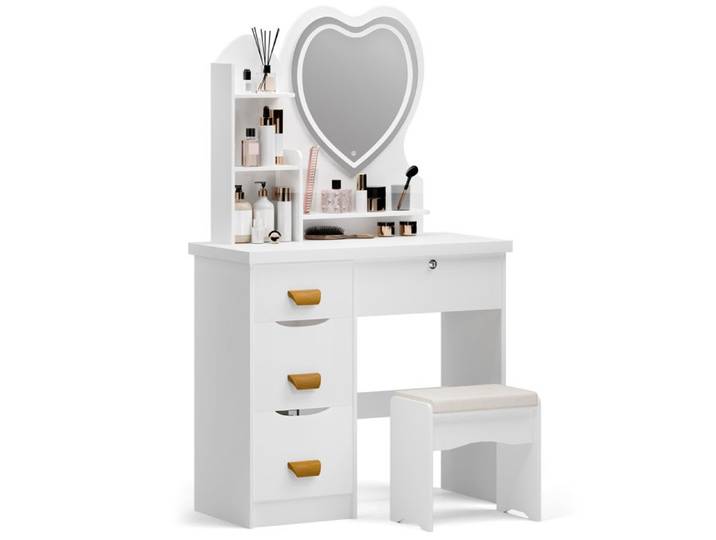 Table de Maquillage - BIPLUT - Miroir Cœur LED - Éclairage Réglable - Grand Rangement - Design Élégant - 80 x 40 x 135 cm