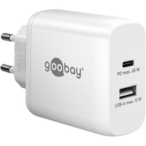 65W Goobay USB-C Dual-Schnellladegerät, PD, GaN, (weiß, 1x USB-C, 1x USB-A, Power Delivery)