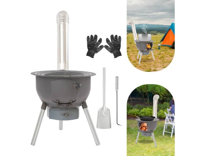 Poêle à bois de camping portable, poêle à bois multifonction avec grille pour le chauffage, le barbecue, la friture