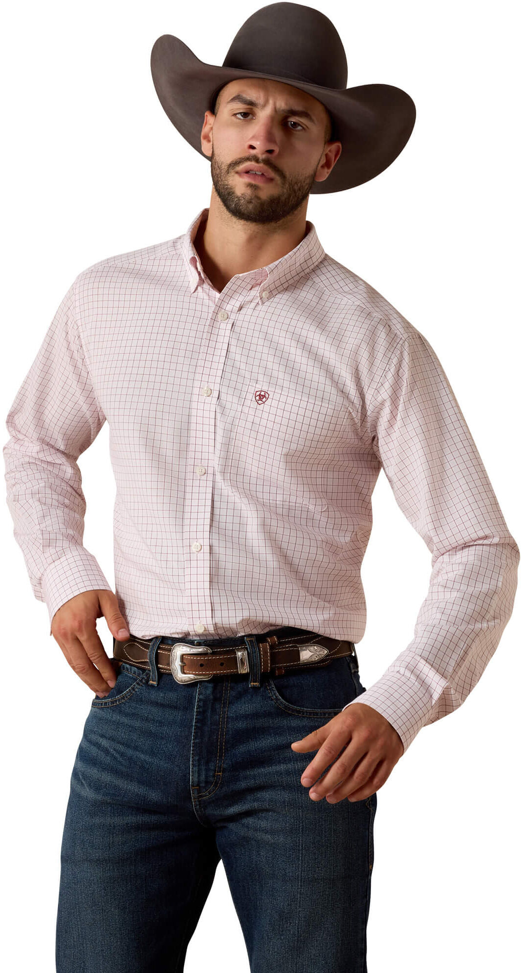 Men's Wrinkle Free Wenzel Fitted Shirt in Barely Pink Plaid Cotton, Size: Medium by Ariat