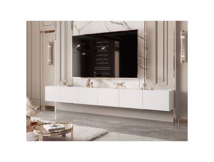Meuble TV mural Angel IDOHOME 300x40x36 cm Blanc mat 6 portes LED