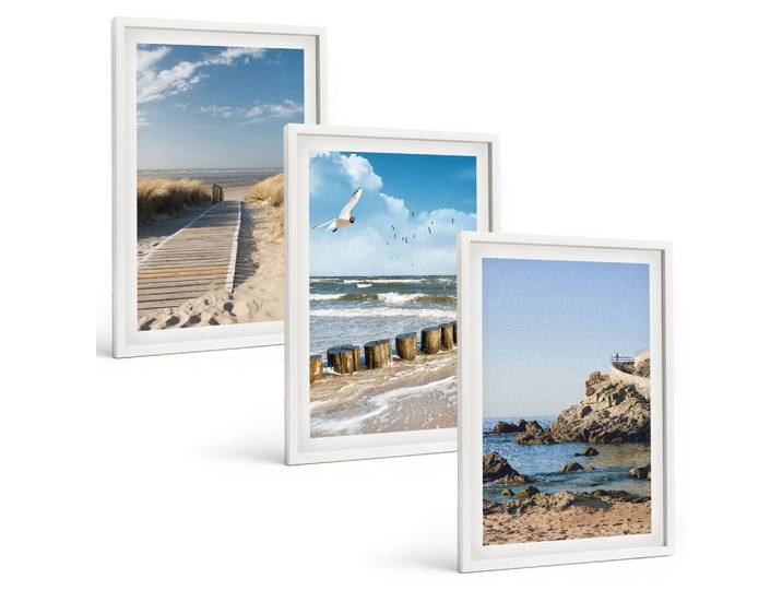 BILDER SET 3er Set - 40x60 cm Weißer Rahmen - Strand Holzsteg Klippen