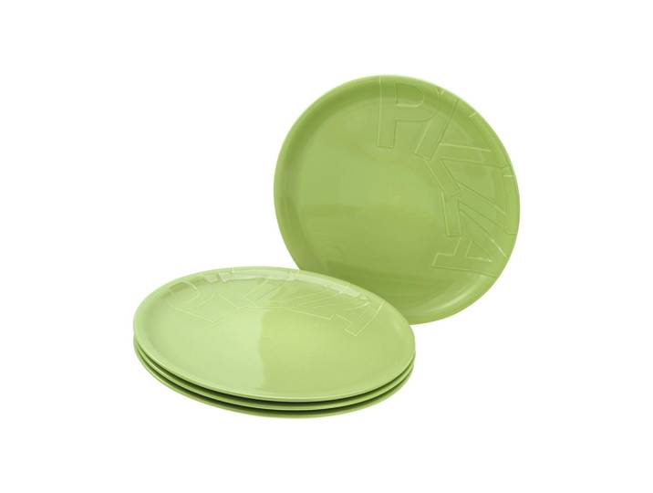 Creatable Pizzatellerset, Grün, Keramik, 4-teilig, Schriftzug, rund, lebensmittelecht, Geschirr, Teller, Teller-Sets